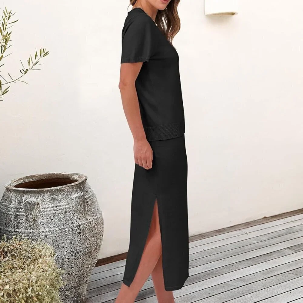 Womens Striped Sweater Skirt Set Casual Summer Short Sleeve Travel Outfit